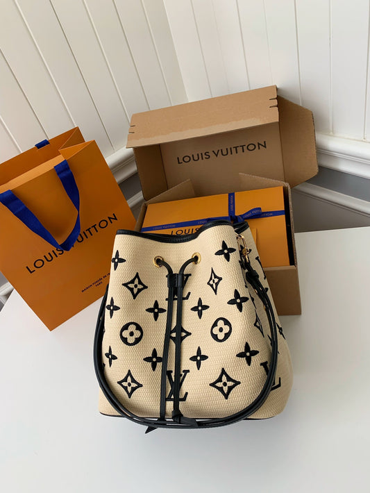 Monogram Embroidery Cotton Bucket Bag