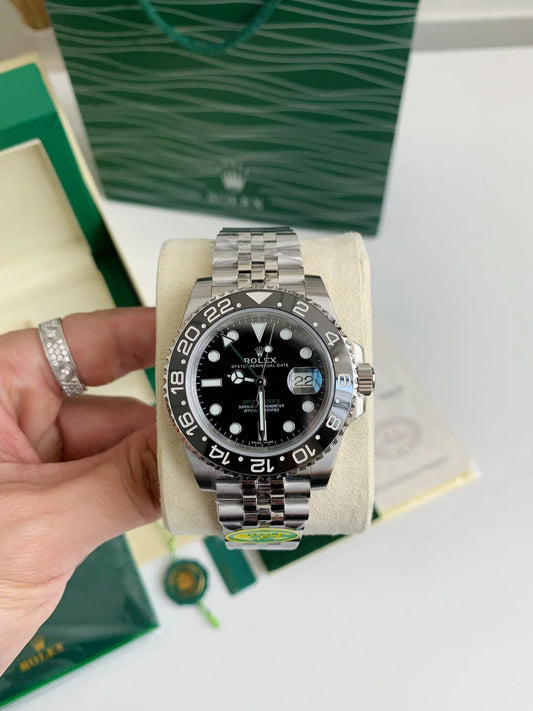 GMT-Master II Style Watch – Stainless Steel, Black Dial, 40mm