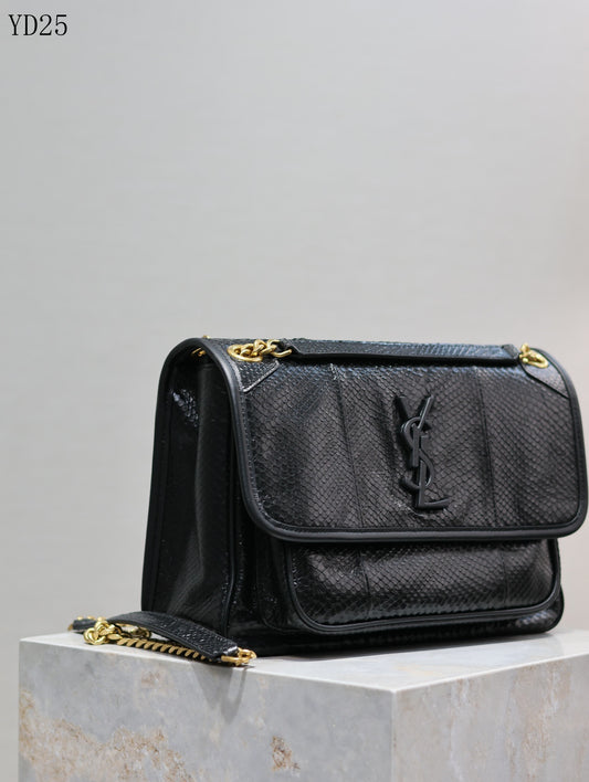 Niki Black Python-Textured Leather Shoulder Bag - 28 cm