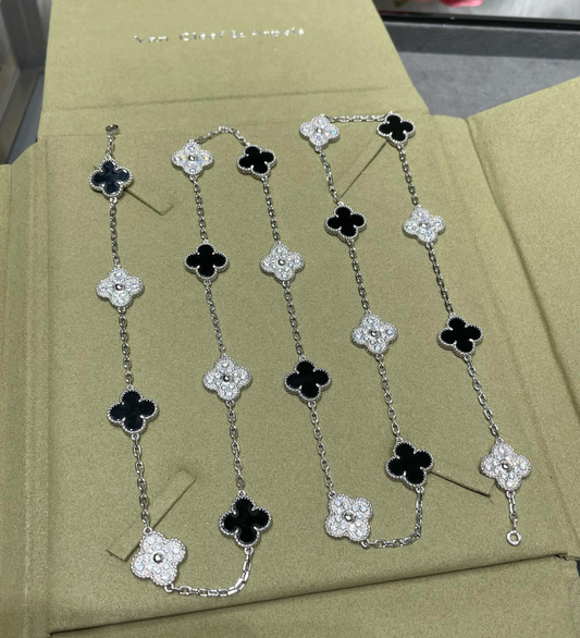 Long Clover Necklace – Black Onyx & Diamond Look