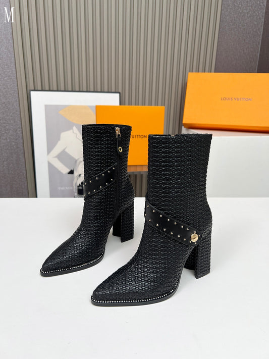 Knit & Leather Block Heel Ankle Boots