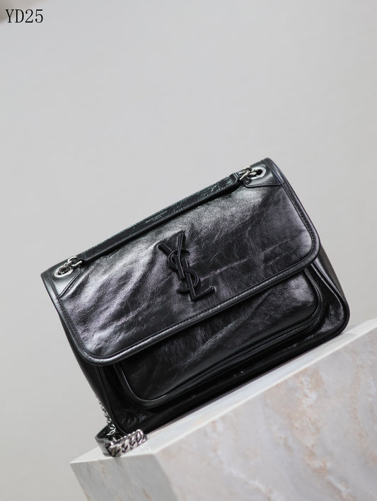 Niki Shoulder Bag - Black Crinkle Leather with Gunmetal Chain