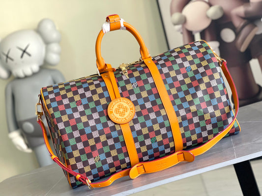 Keepall Bandoulière 50 – Multicolor Damier Canvas with Leather Trim