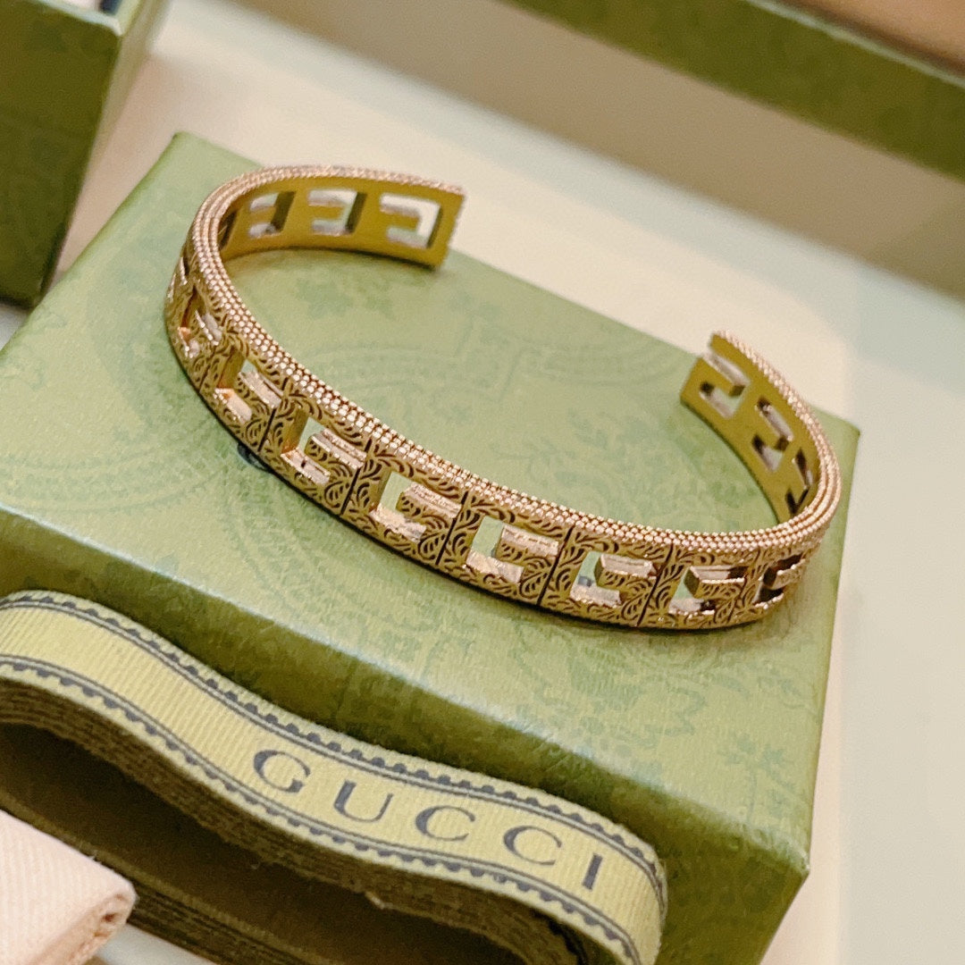 Antique Gold Open Cuff Bracelet with Engraved Double G Motif
