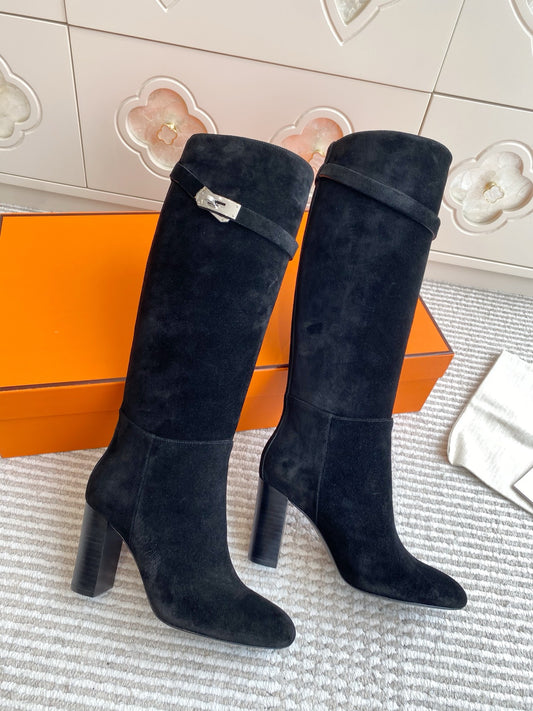 Kelly Buckle Suede Knee-High Heeled Boots