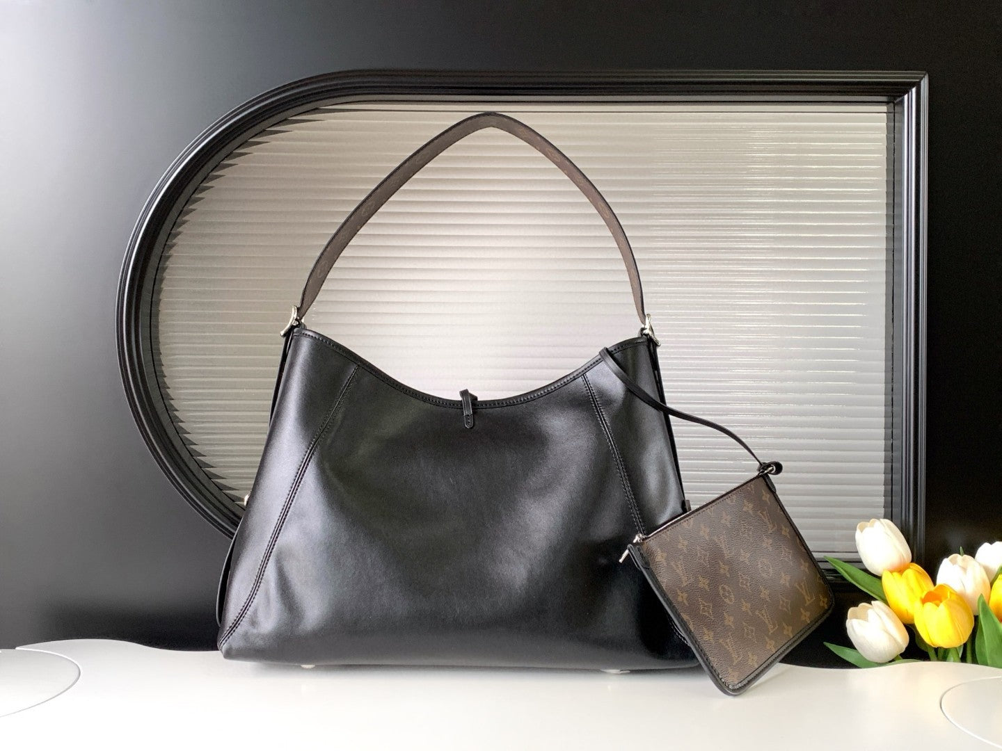 CarryAll Dark Shoulder Bag โ Black Lambskin Leather & Monogram Pouch