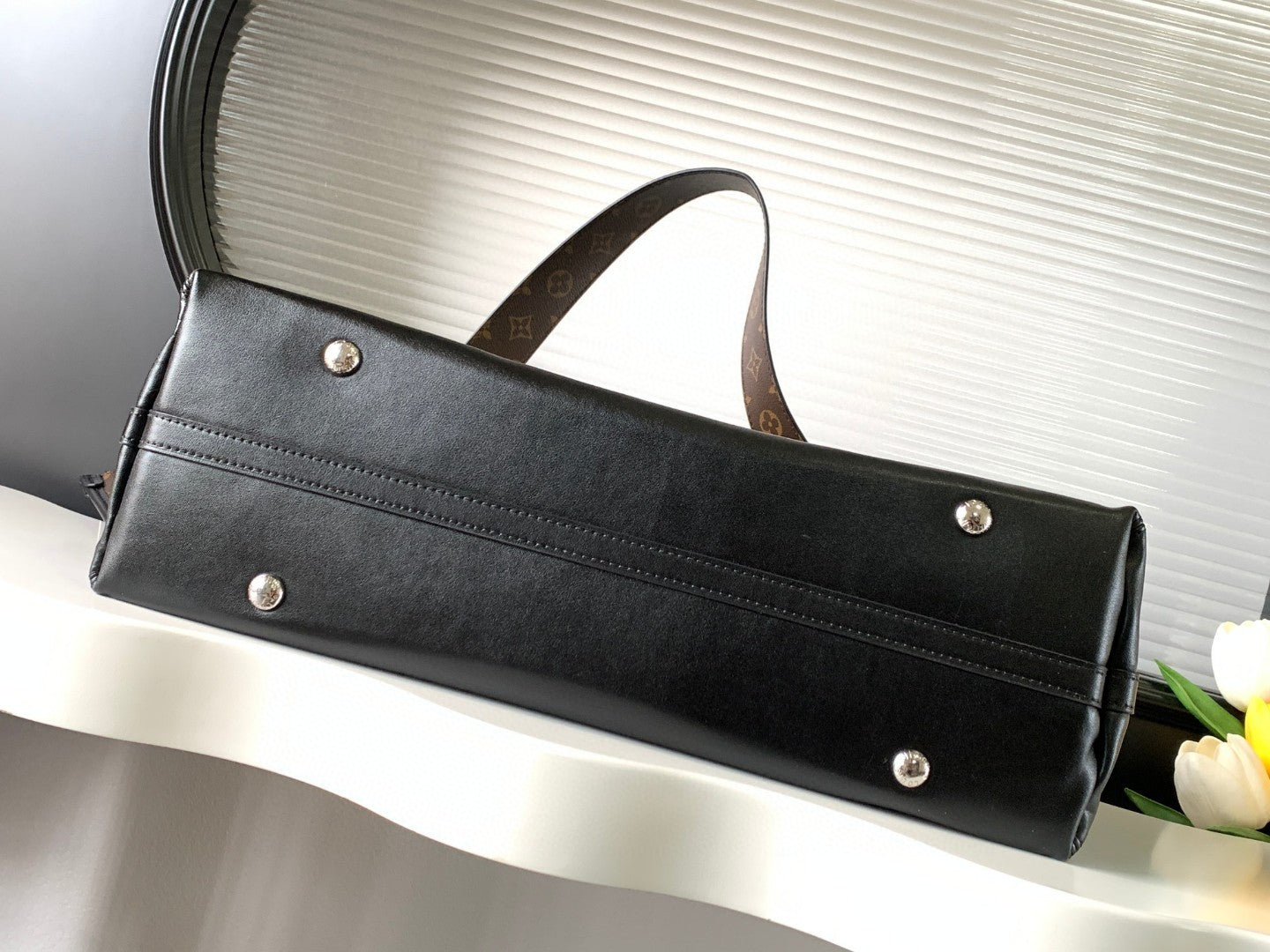 CarryAll Dark Shoulder Bag โ Black Lambskin Leather & Monogram Pouch