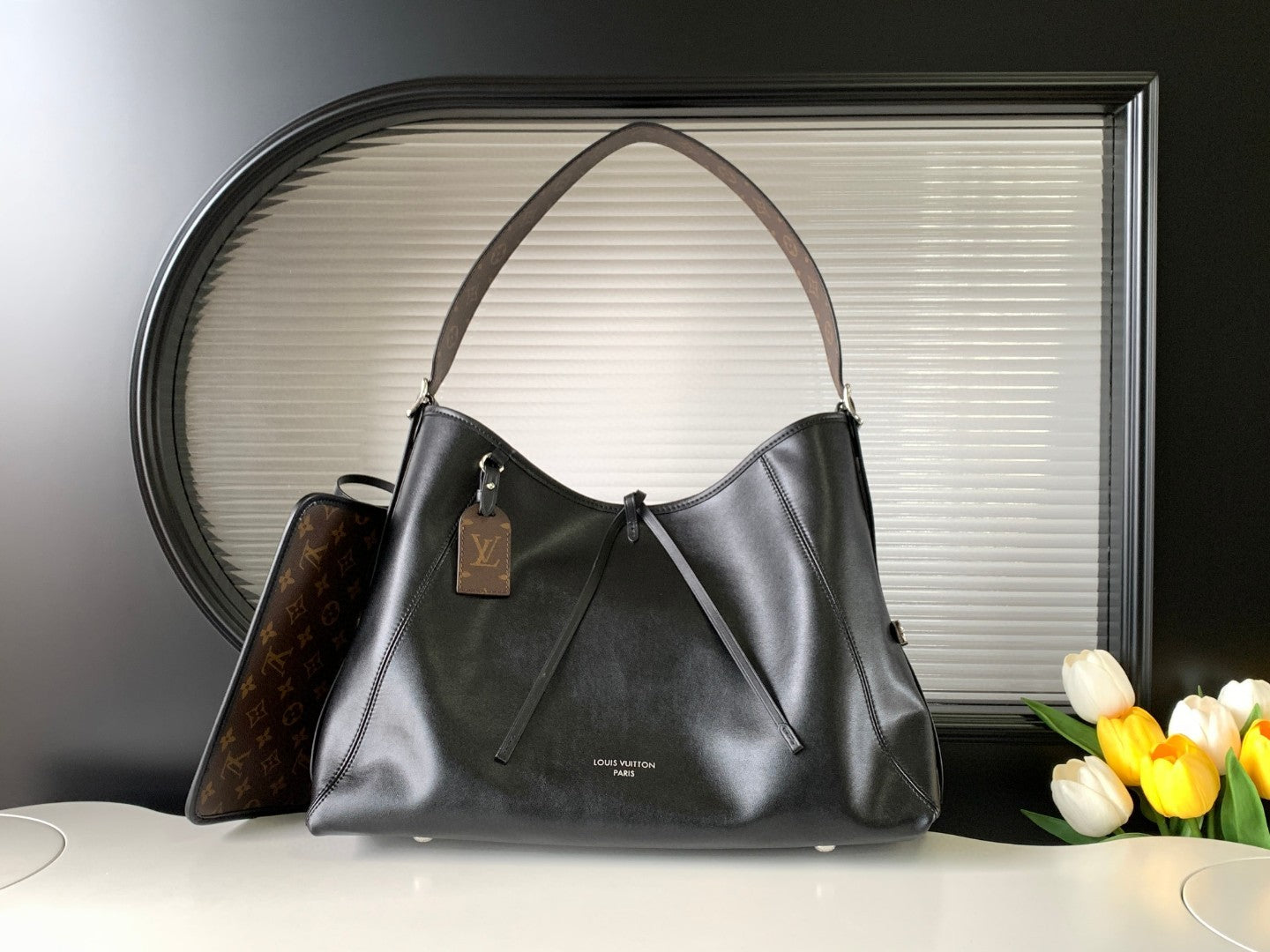 CarryAll Dark Shoulder Bag โ Black Lambskin Leather & Monogram Pouch