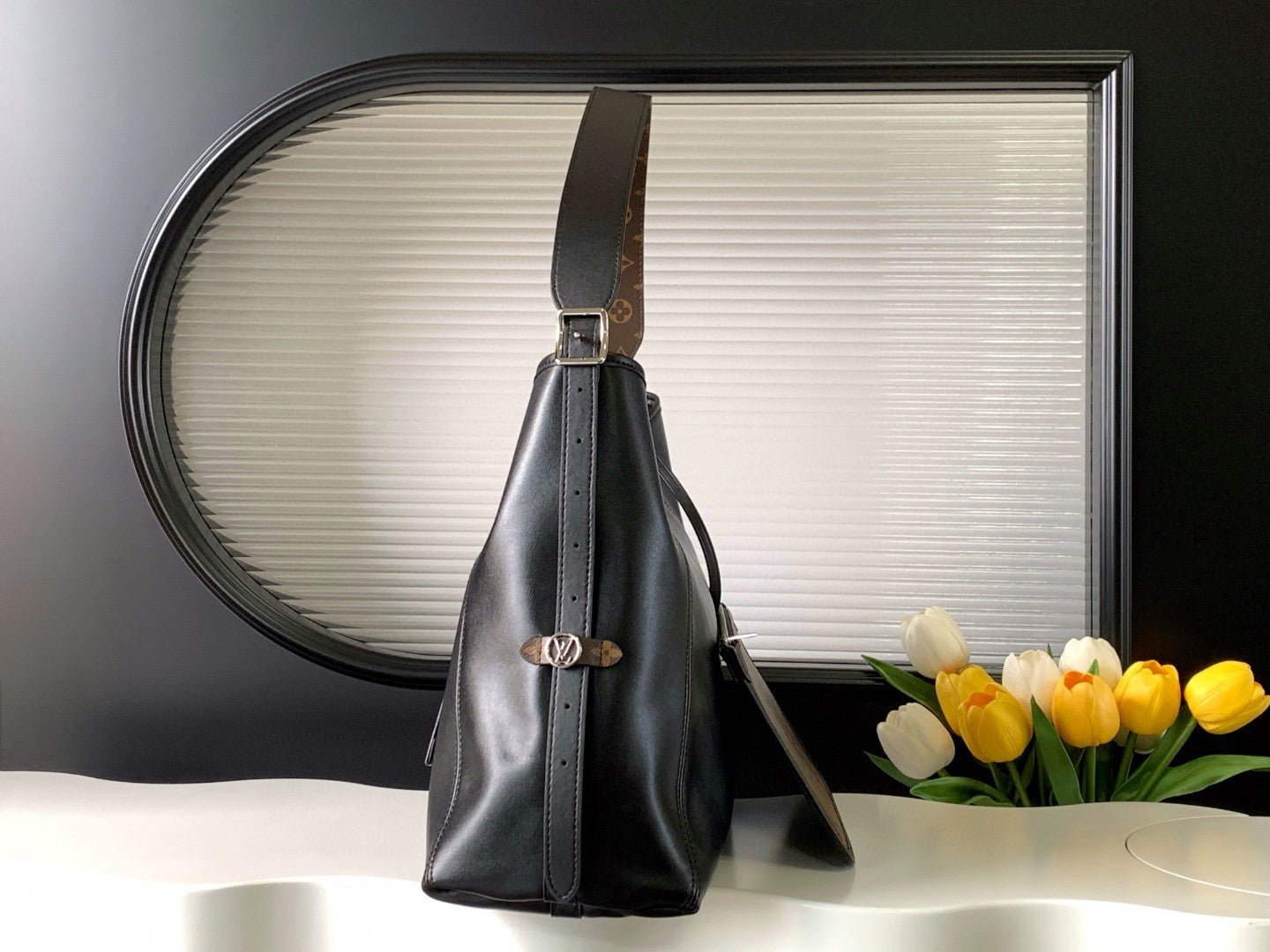 CarryAll Dark Shoulder Bag โ Black Lambskin Leather & Monogram Pouch