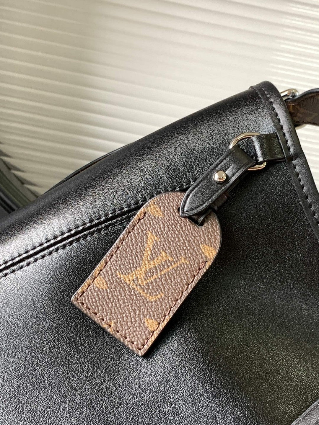 CarryAll Dark Shoulder Bag โ Black Lambskin Leather & Monogram Pouch