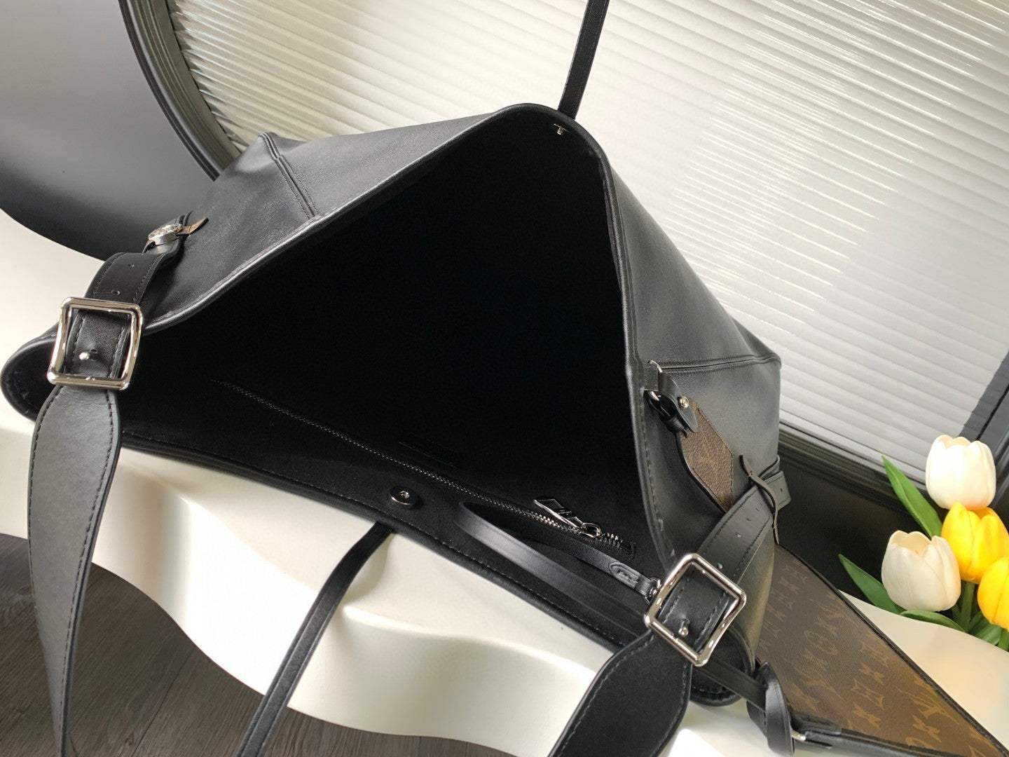 CarryAll Dark Shoulder Bag โ Black Lambskin Leather & Monogram Pouch
