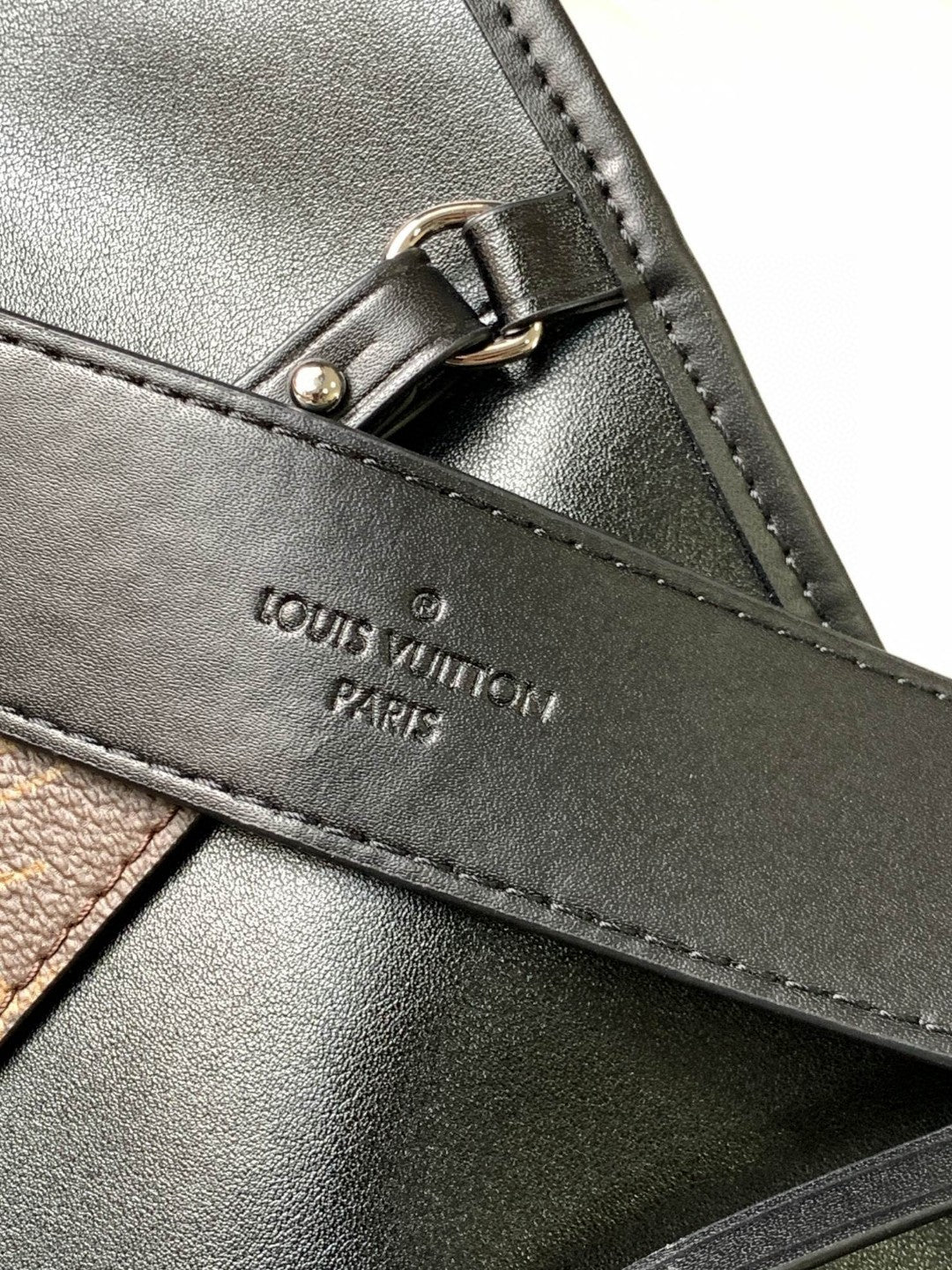 CarryAll Dark Shoulder Bag โ Black Lambskin Leather & Monogram Pouch