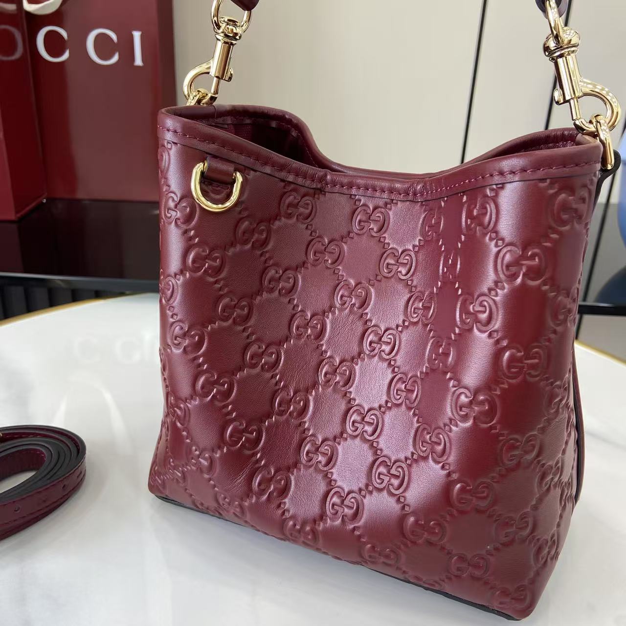 GG Emblem Burgundy Leather Shoulder Bag