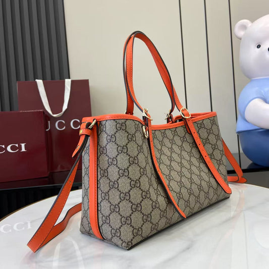 GG Emblem Canvas Tote Bag with Orange Leather Trim
