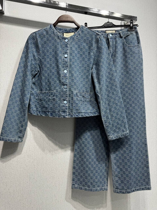 Monogram Denim Jacket & Wide-Leg Jeans Set