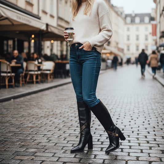Leather & Knit Chain Detail Knee-High Boots