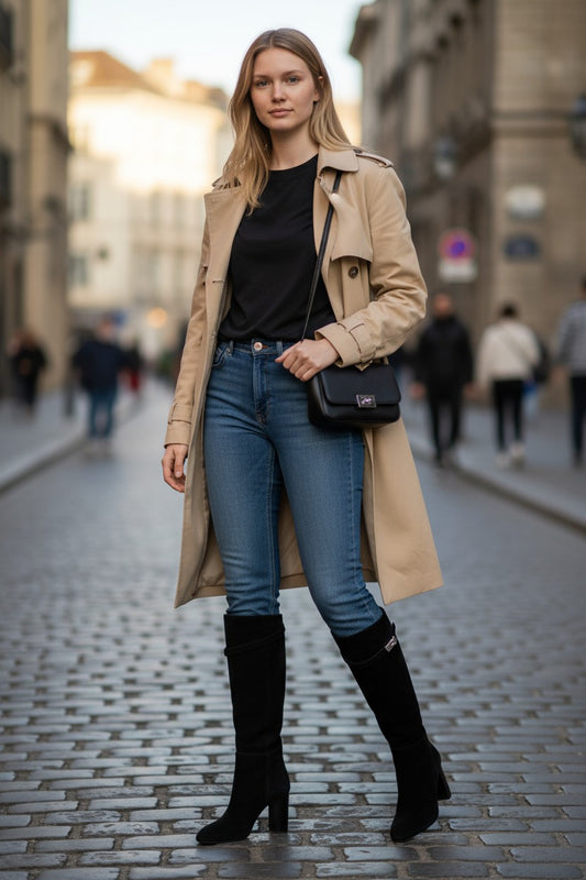 Kelly Buckle Suede Knee-High Heeled Boots