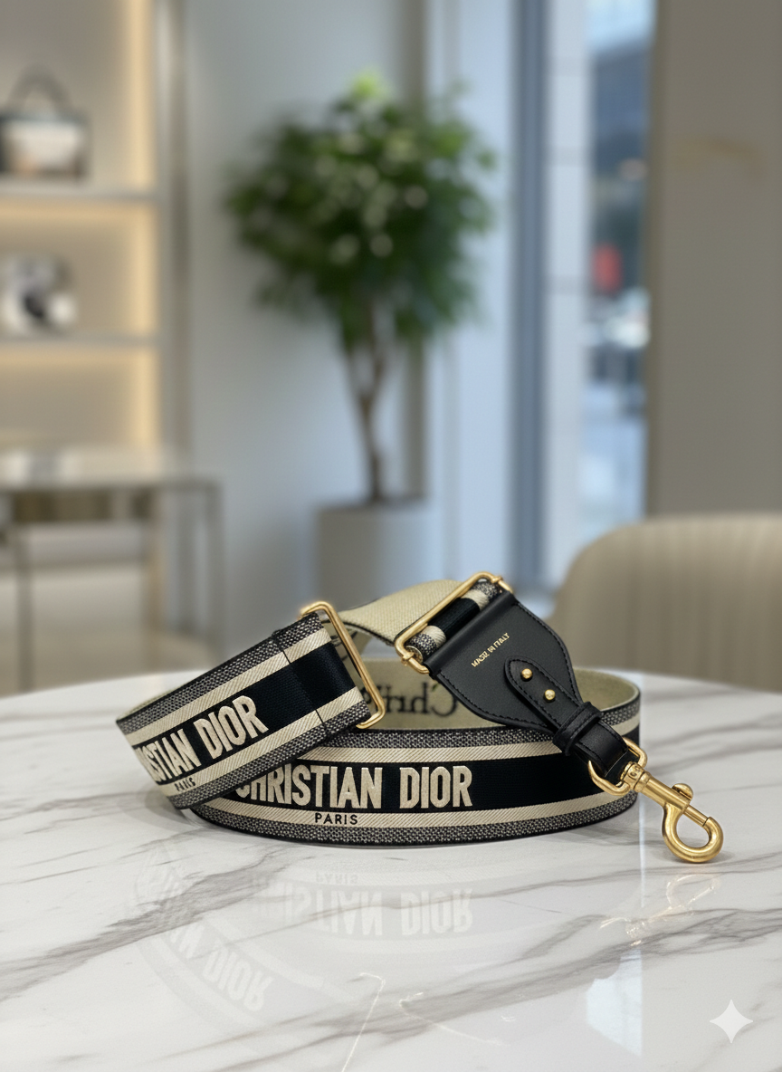 Dior luxury bag strap with woven logo and gold hardware