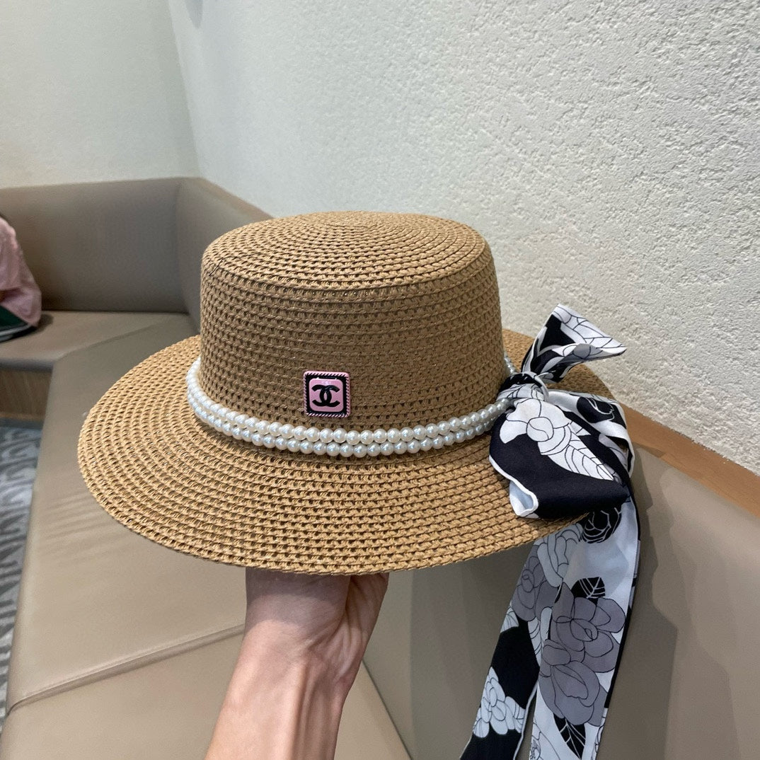 Woven Straw Hat with Pearl Band and Silk Bow Detail