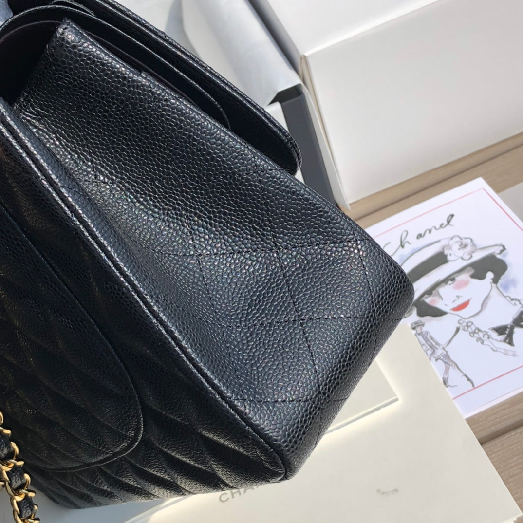 3.55 Large Caviar Leather Classic Double Flap Bag - Gold hardware