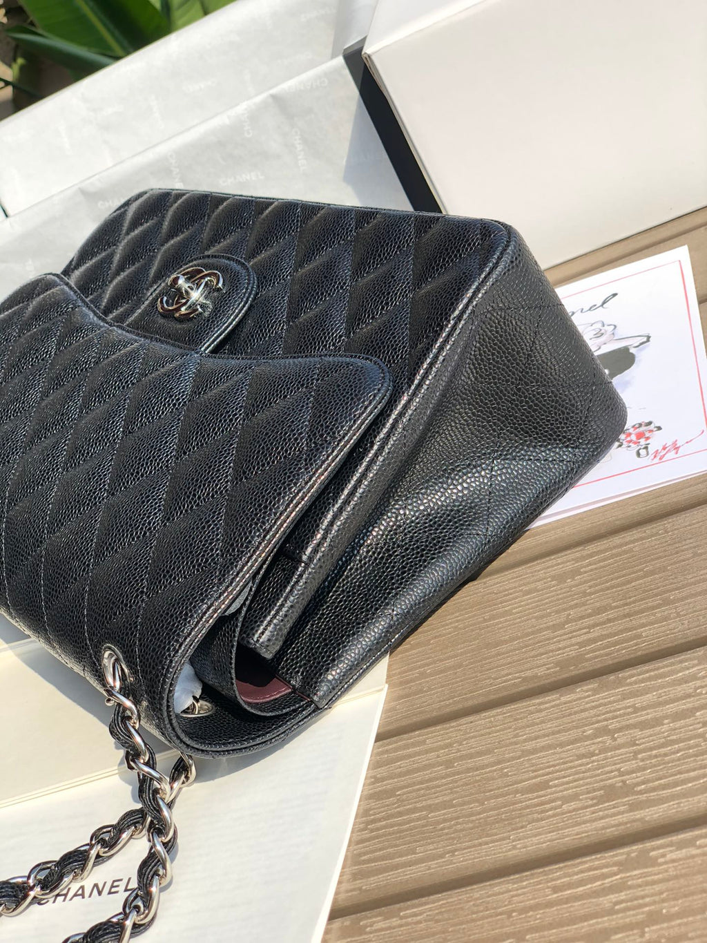 3.55 Large Caviar Leather Classic Double Flap Bag - Silver hardware