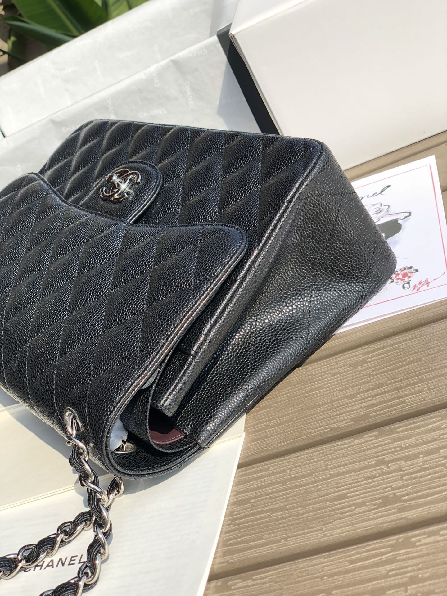 3.55 Large Caviar Leather Classic Double Flap Bag - Silver hardware