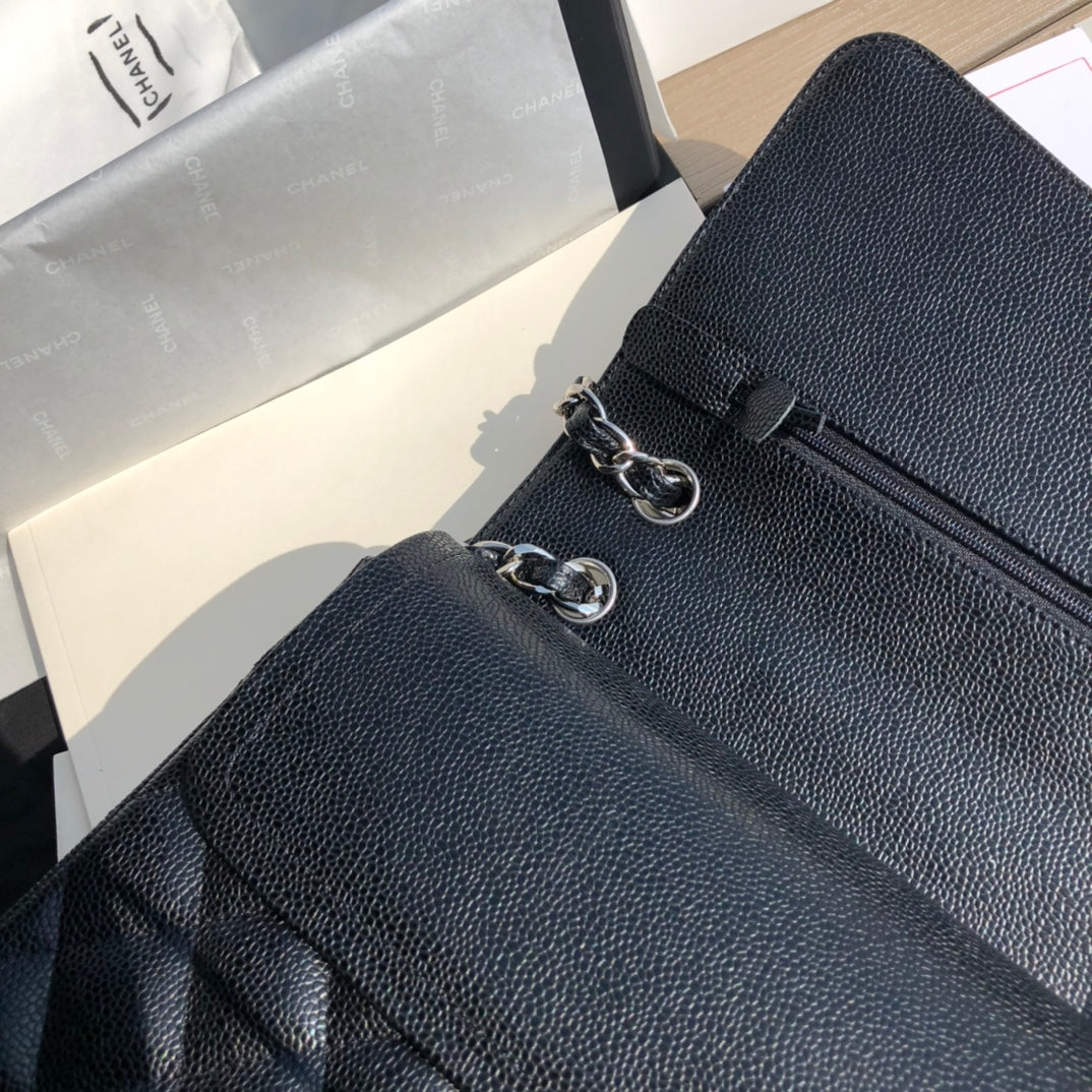 3.55 Large Caviar Leather Classic Double Flap Bag - Silver hardware