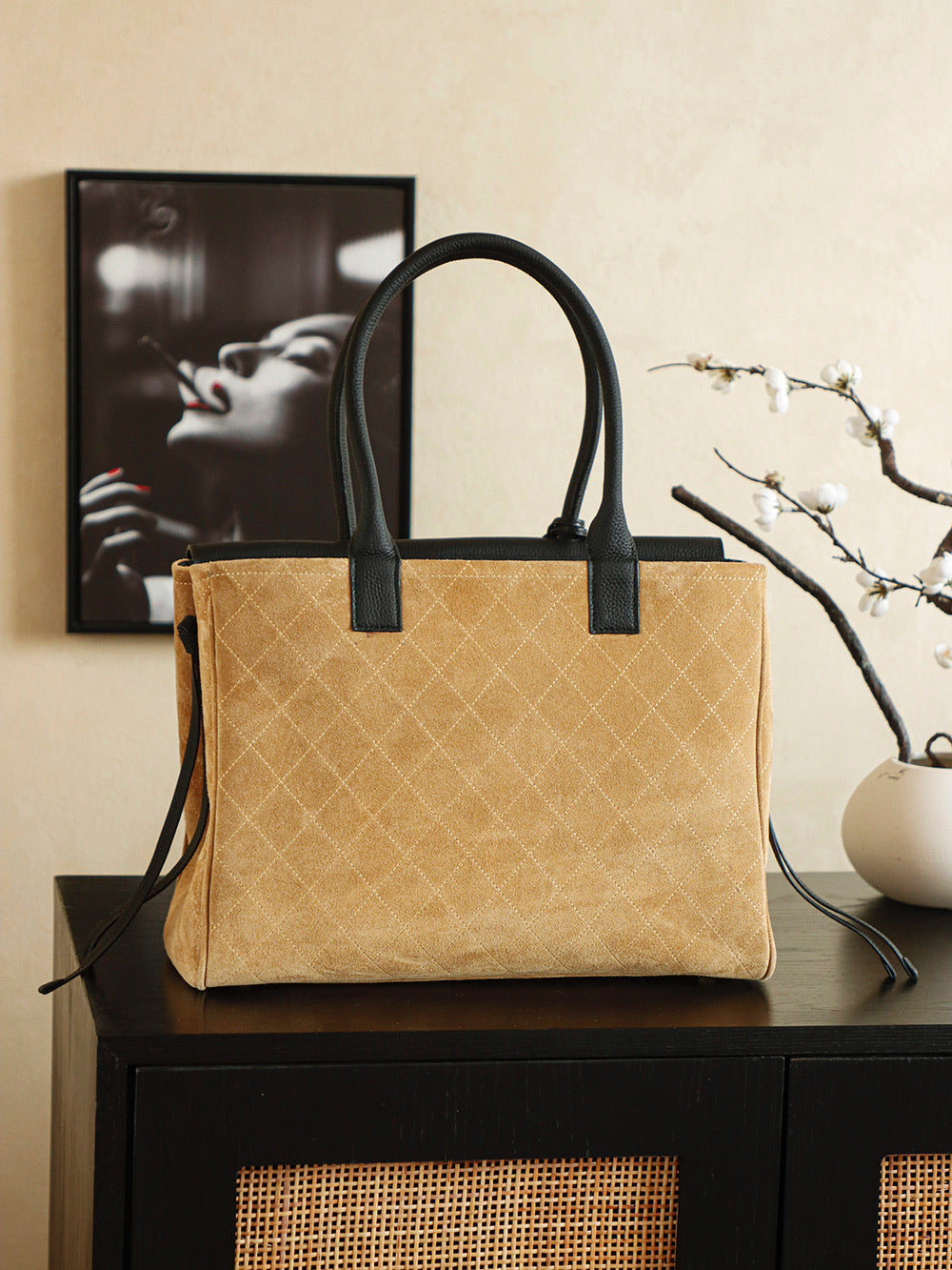 Suede & Leather Boston Top Handle Bag