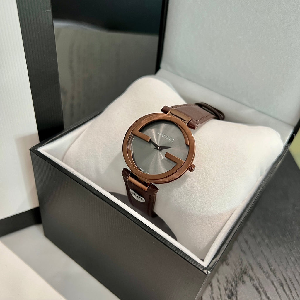 G Cut-Out Logo Rose Gold Women's 37 mm Watch – Brown Leather Strap
