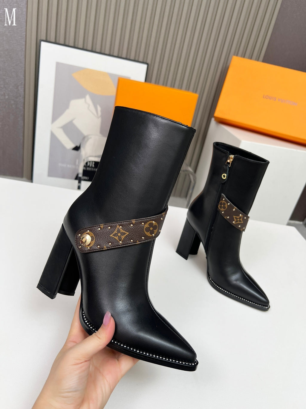 Monogram Chain Detail Knit & Leather Mid-Calf Boots