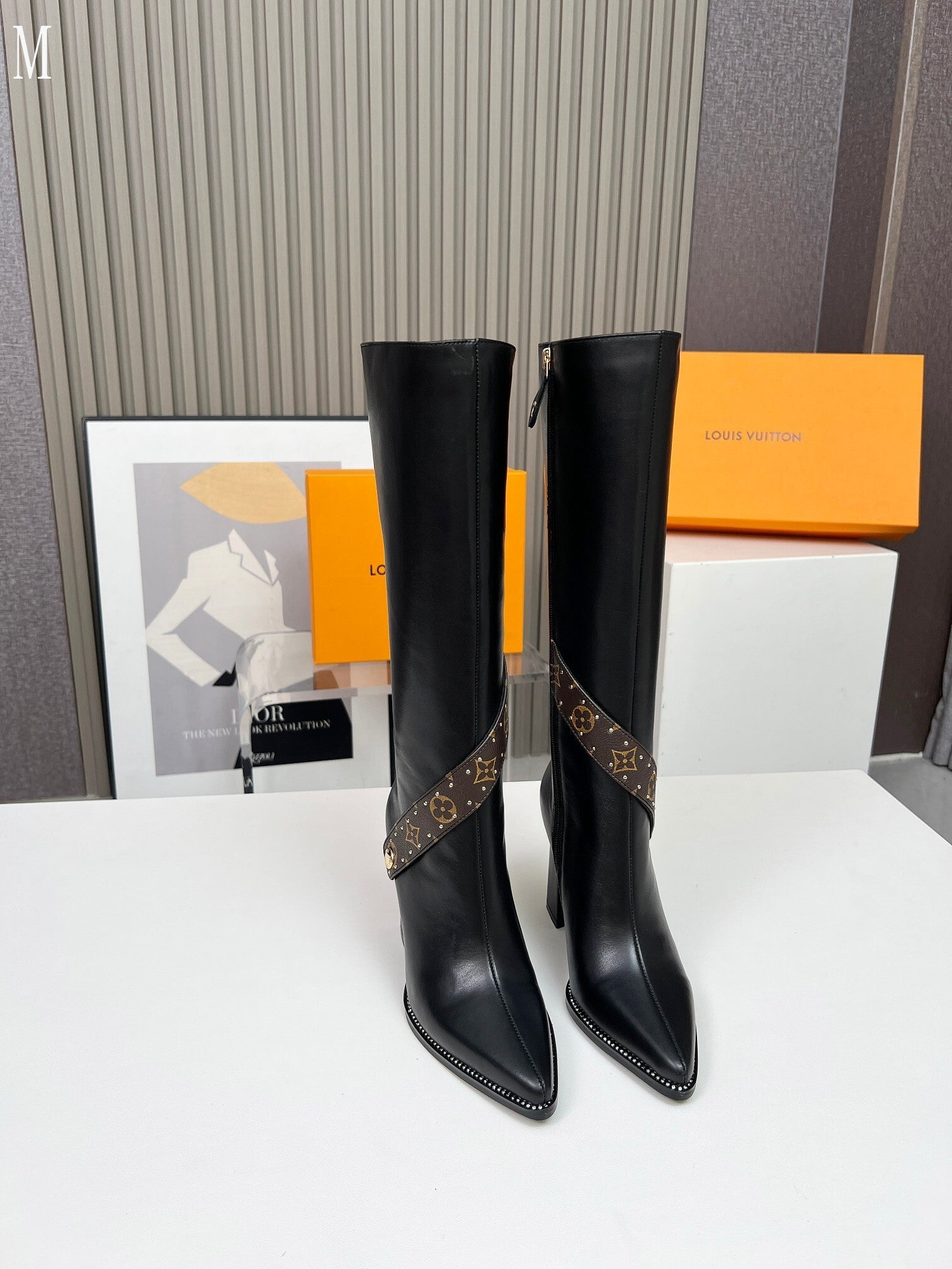 Leather & Knit Chain Detail Knee-High Boots