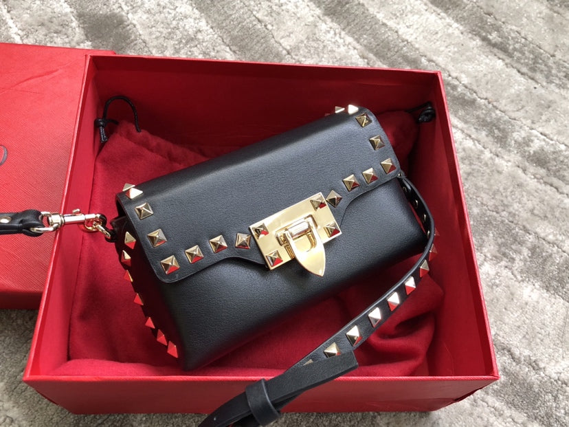 Rockstud Calfskin Shoulder Bag with Studded Strap