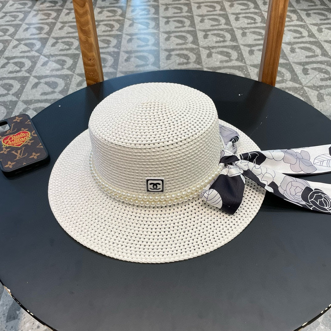 Woven Straw Hat with Pearl Band and Silk Bow Detail