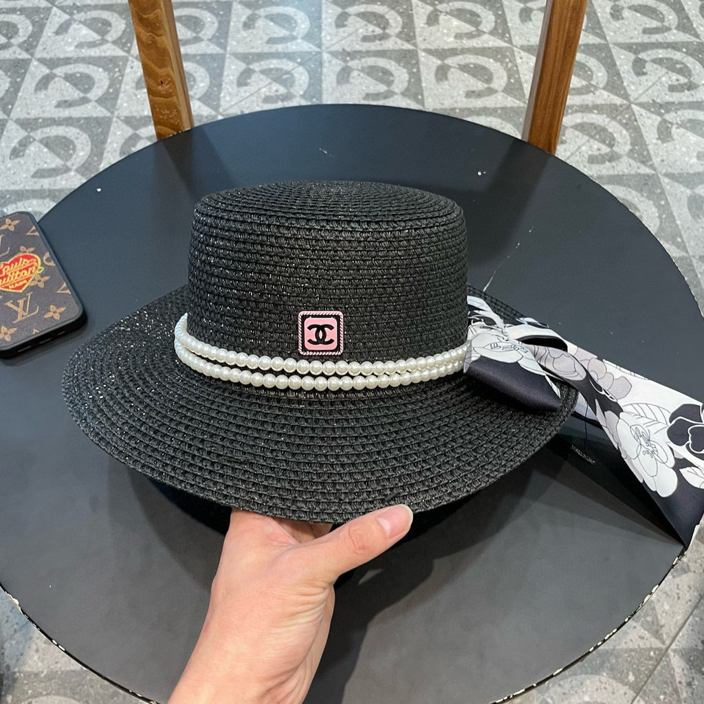 Woven Straw Hat with Pearl Band and Silk Bow Detail