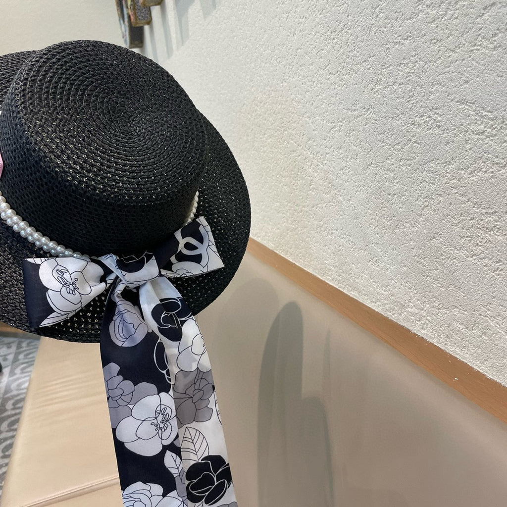 Woven Straw Hat with Pearl Band and Silk Bow Detail
