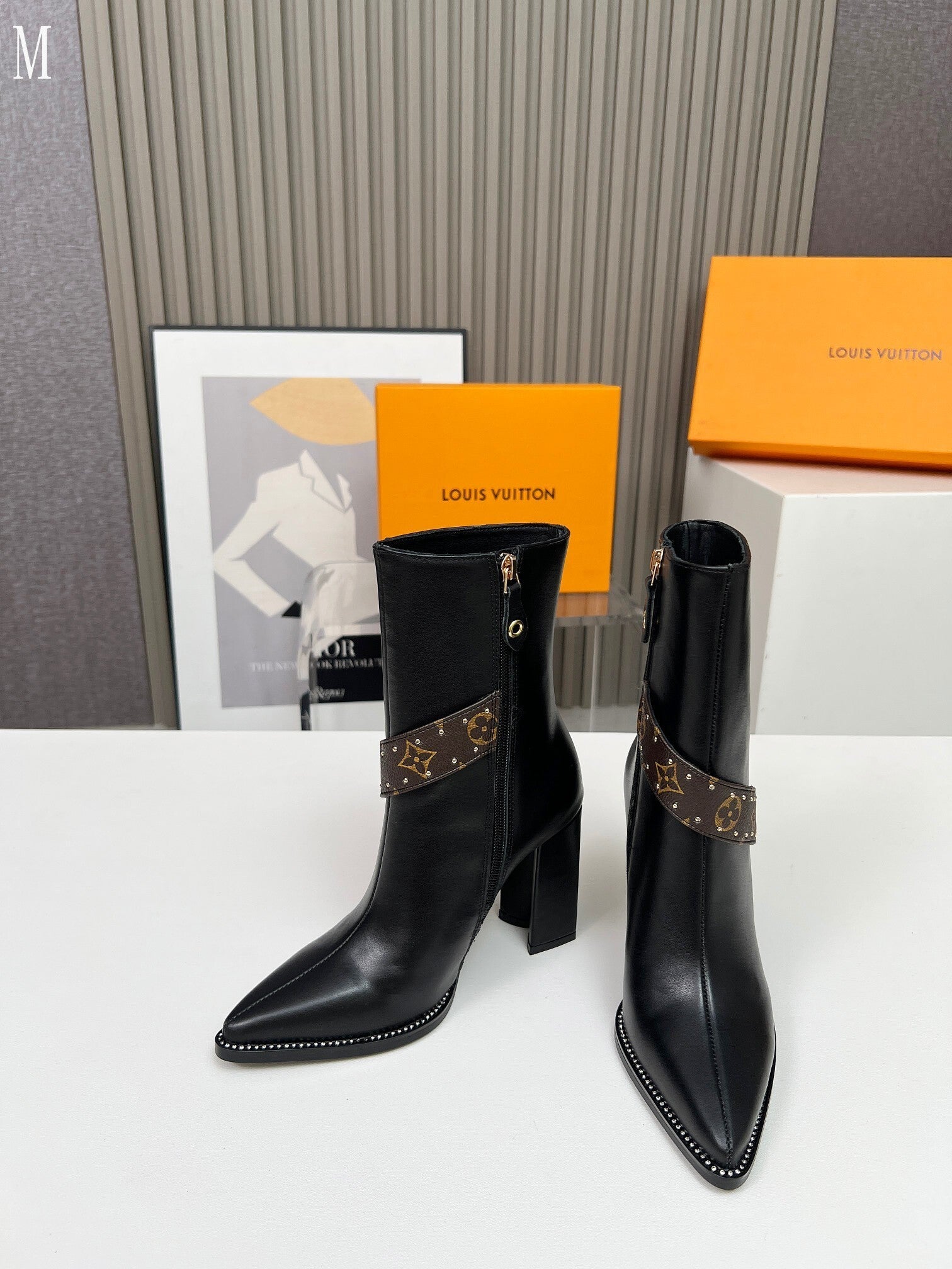 Monogram Chain Detail Knit & Leather Mid-Calf Boots