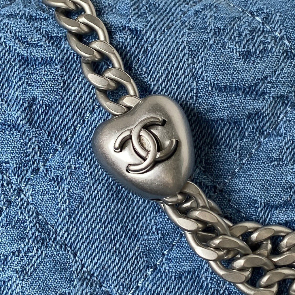 Denim Flap Bag with Silver-Tone Chain