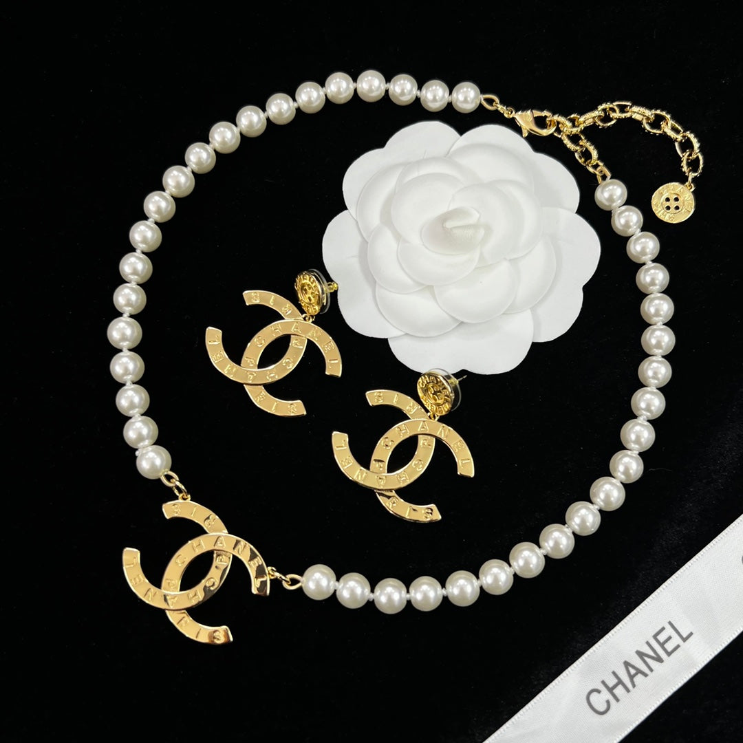 Pearl Necklace & Earring Set – Gold CC Logo Statement Jewelry