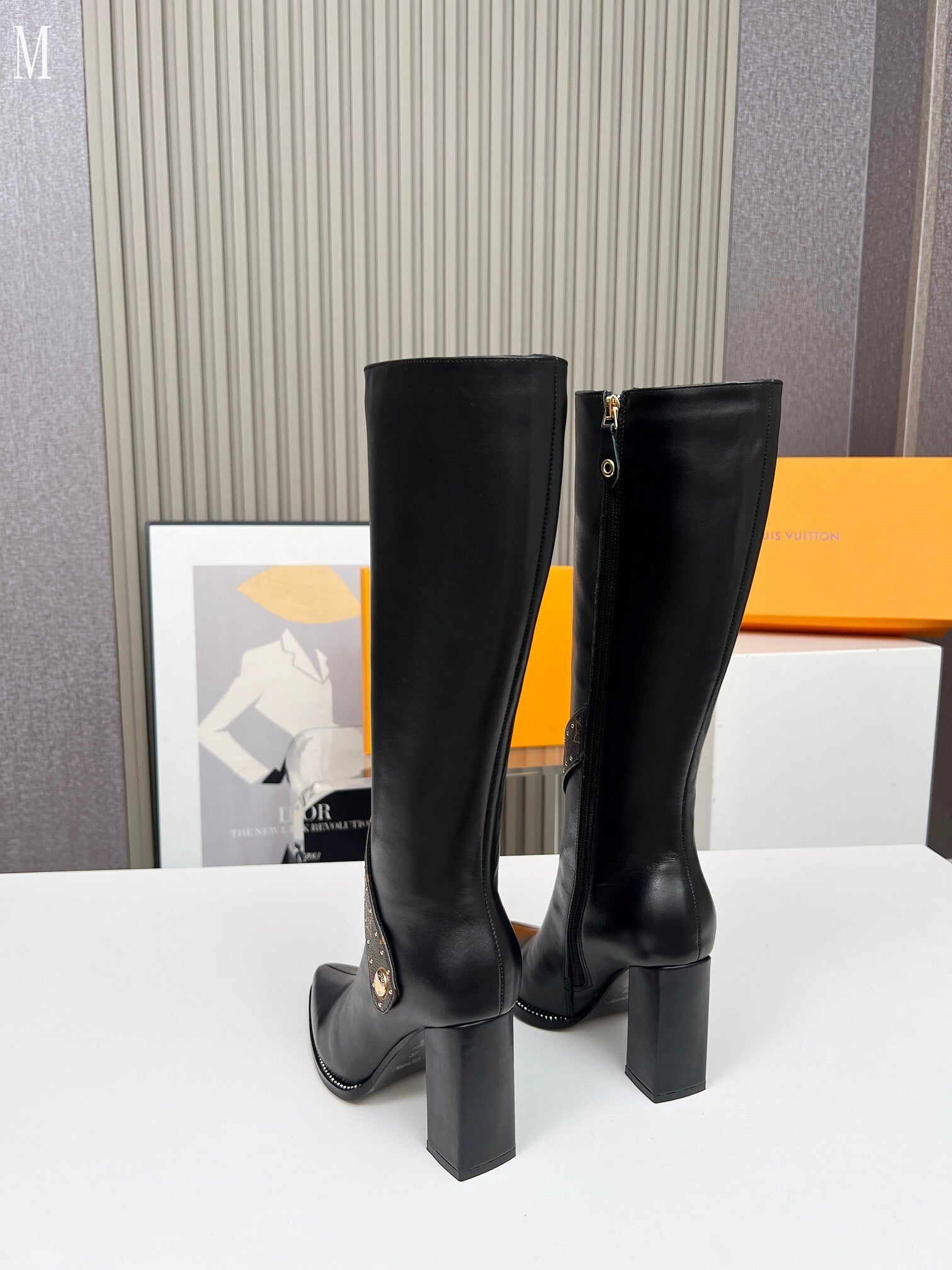 Leather & Knit Chain Detail Knee-High Boots