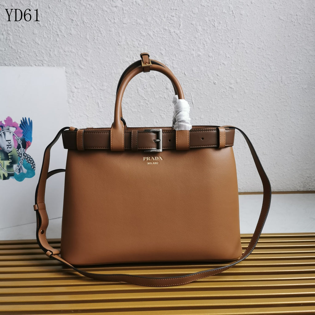 Buckle Belted Medium Leather Tote Bag