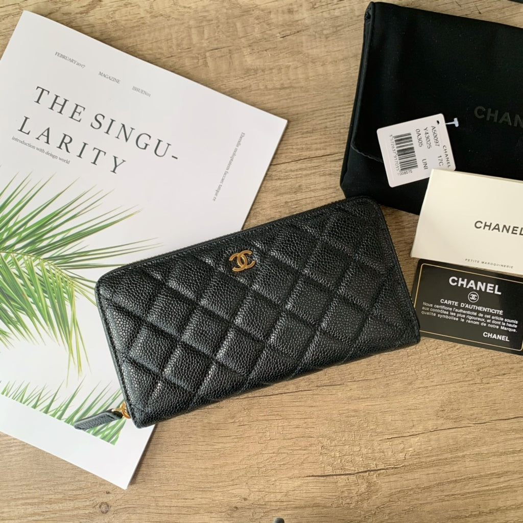 Caviar Leather Quilted Long Flap Wallet