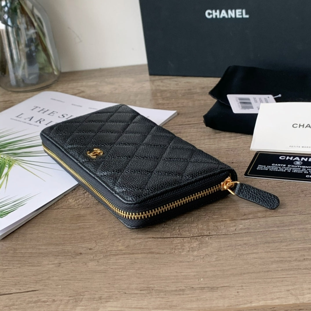 Caviar Leather Quilted Long Flap Wallet