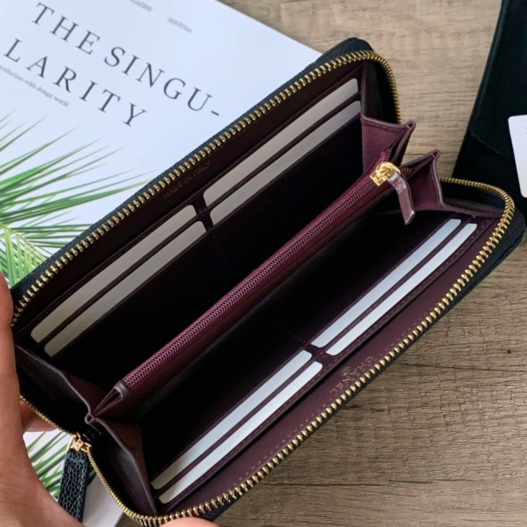 Caviar Leather Quilted Long Flap Wallet