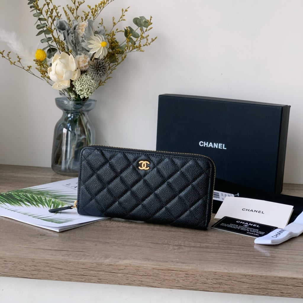 Caviar Leather Quilted Long Flap Wallet