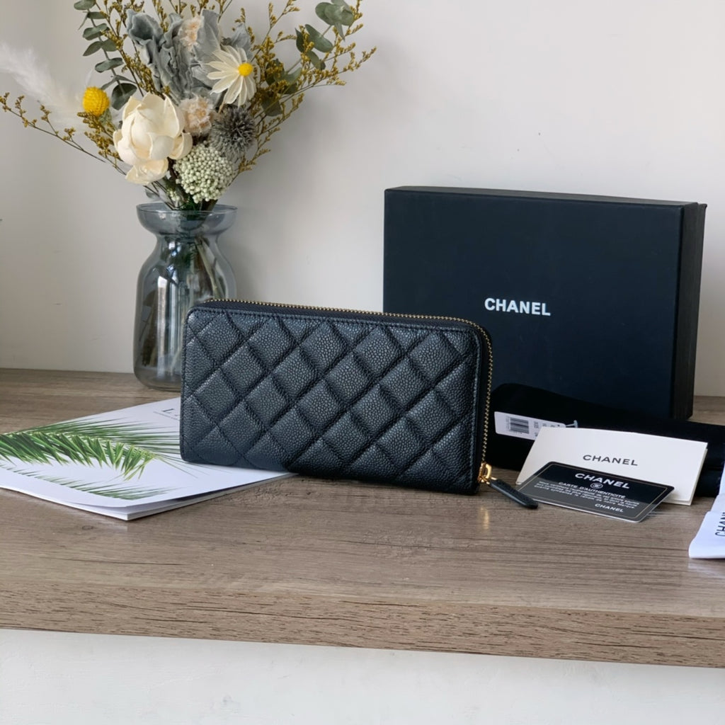 Caviar Leather Quilted Long Flap Wallet