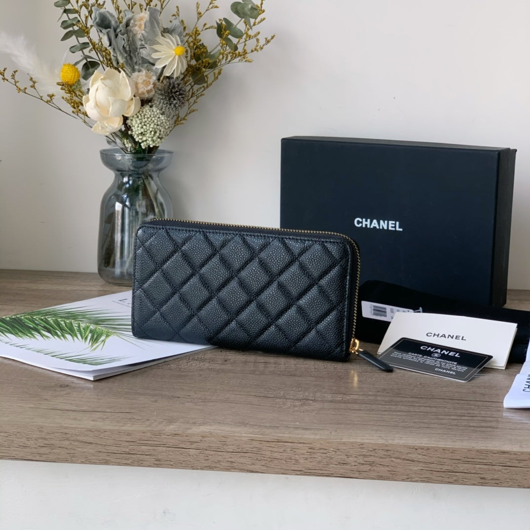 Caviar Leather Quilted Long Flap Wallet