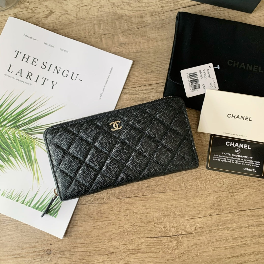 Caviar Leather Quilted Long Flap Wallet