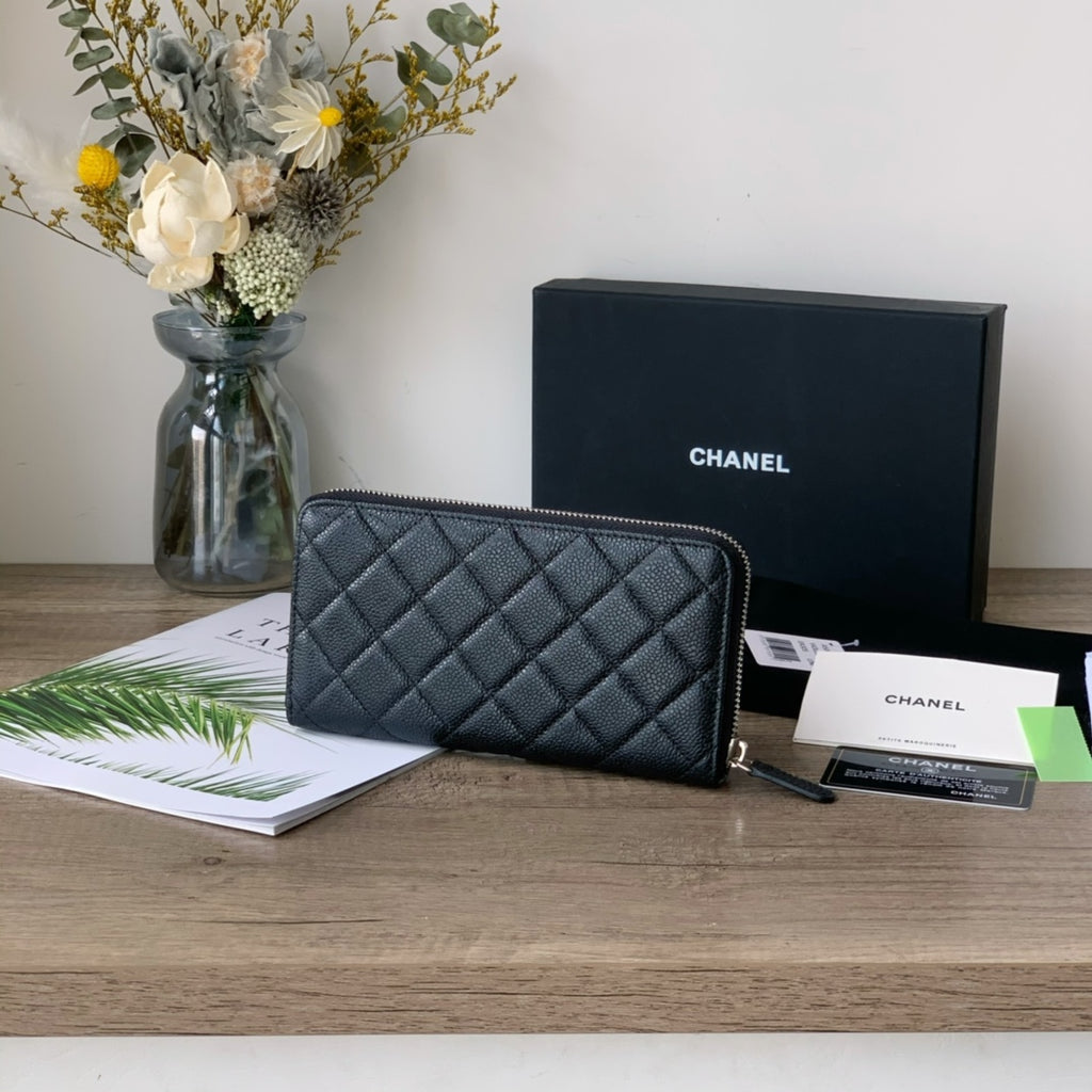 Caviar Leather Quilted Long Flap Wallet