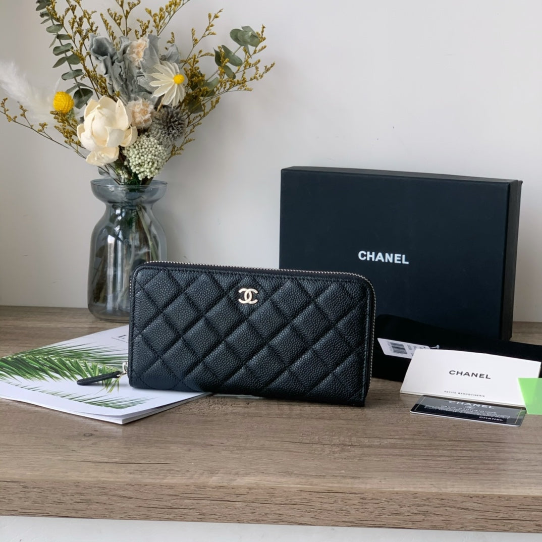 Caviar Leather Quilted Long Flap Wallet