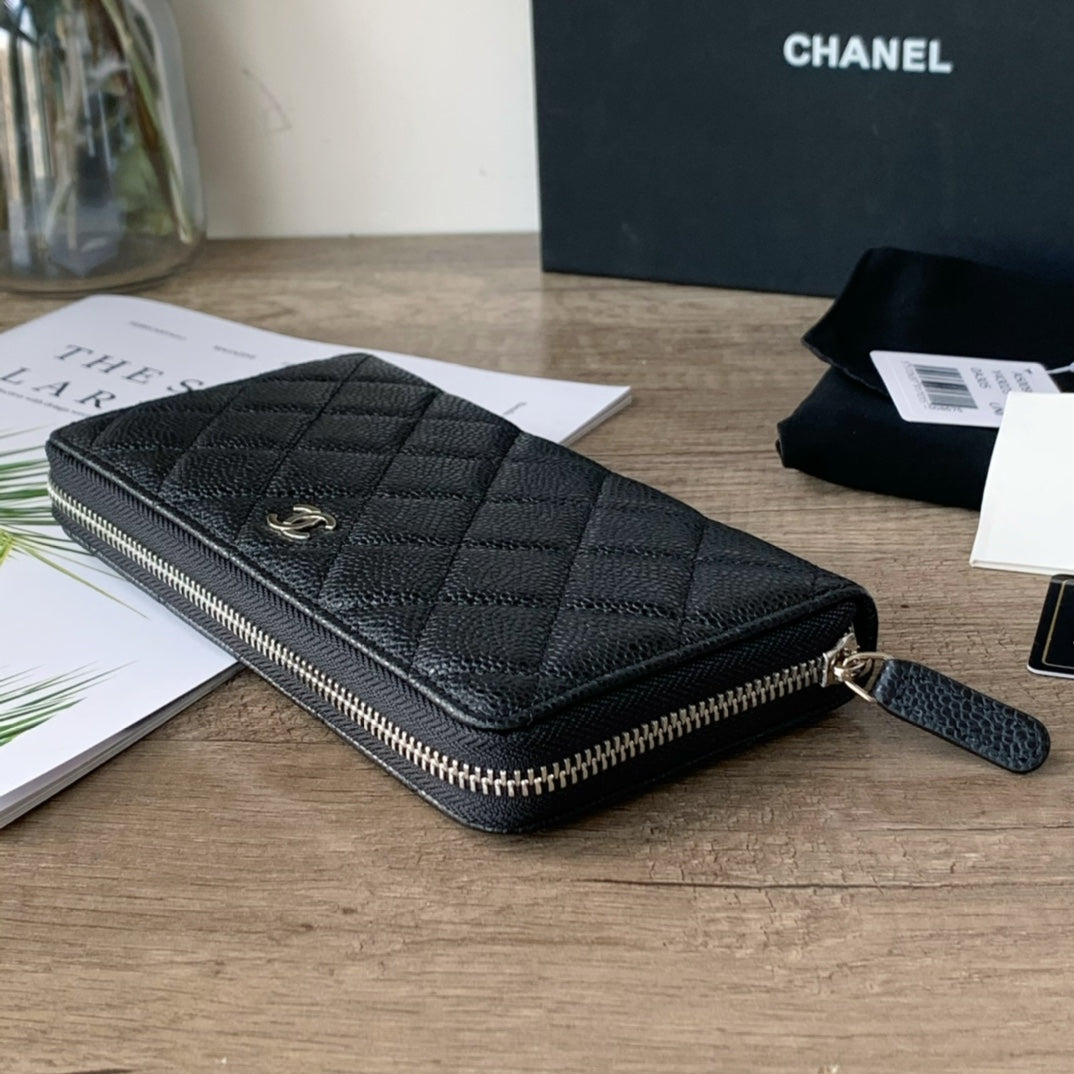 Caviar Leather Quilted Long Flap Wallet